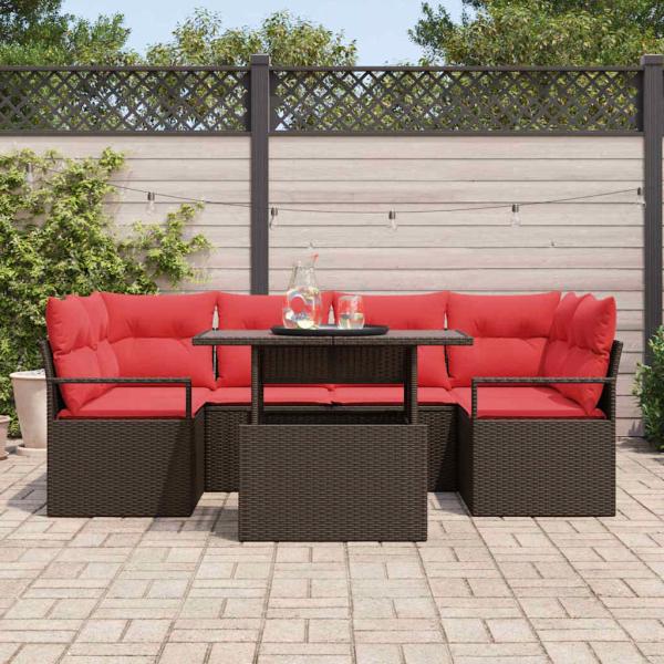 Garten-Sofa-Set mit Kissen 7 pcs Braun und Rot Poly-Rattan