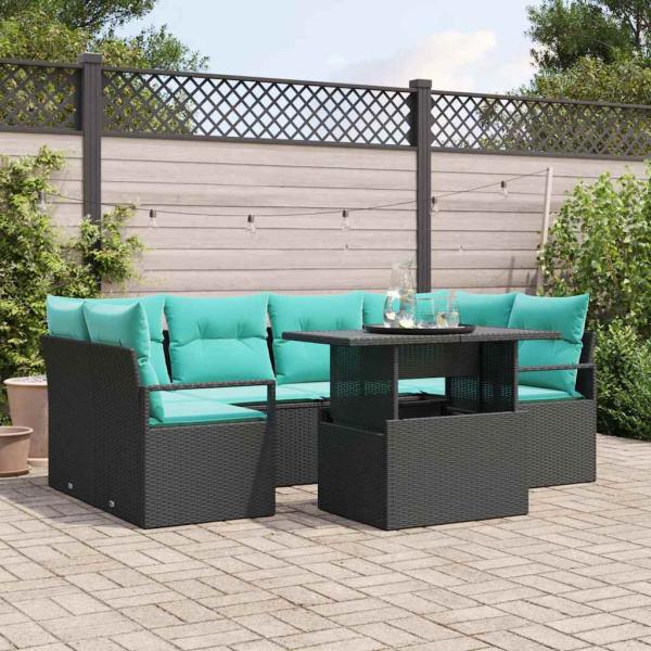 ARDEBO.de - Garten-Sofa-Set mit Kissen 7 pcs Schwarz und Blau Poly-Rattan