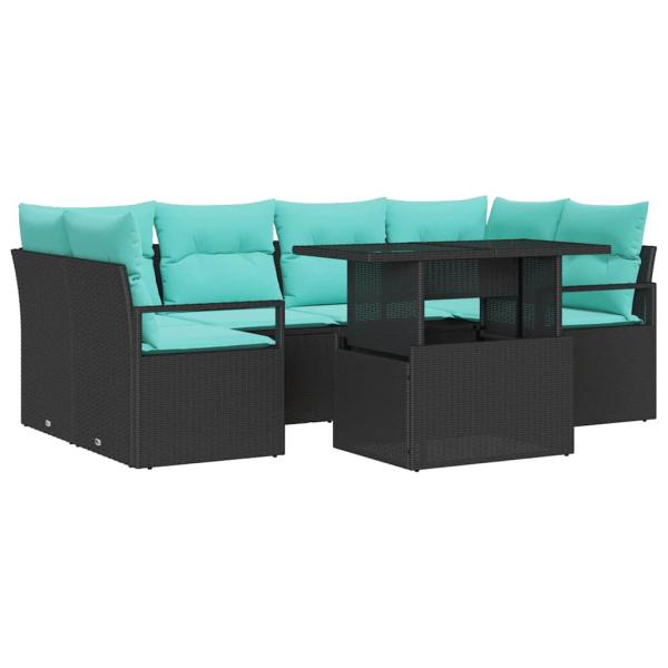 Garten-Sofa-Set mit Kissen 7 pcs Schwarz und Blau Poly-Rattan