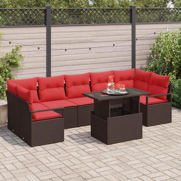 ARDEBO.de - Garten-Sofa-Set mit Kissen 8 pcs Braun und Rot Poly-Rattan