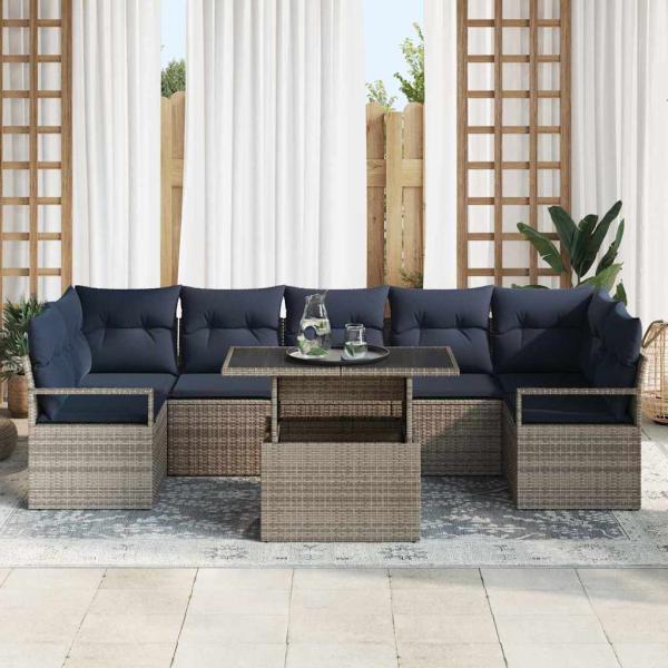 Garten-Sofa-Set 8 pcs Grau und Marineblau Poly-Rattan