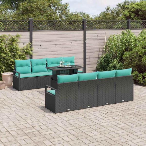 ARDEBO.de - Garten-Sofa-Set mit Kissen 7 pcs Schwarz und Blau Poly-Rattan