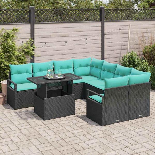 Gartensofa-set mit Speicher 9 pcs Schwarz und Blau Poly-Rattan