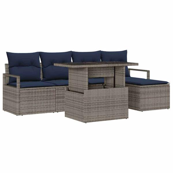 Gartensofa-set 6 Stk. Grau und Marineblau Poly-Rattan