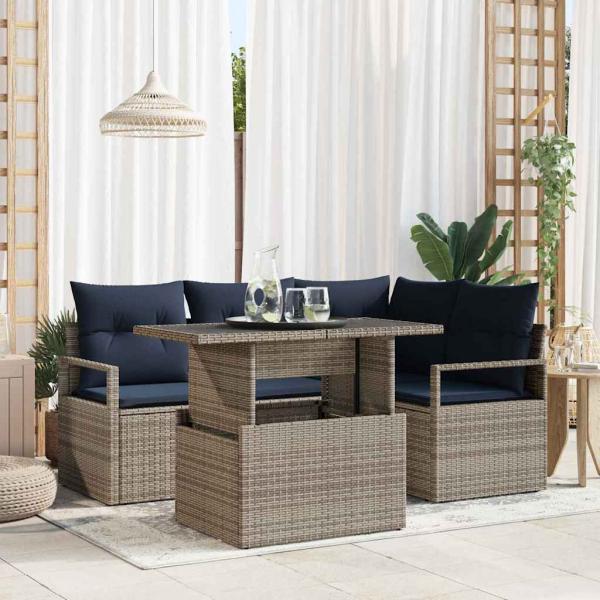 ARDEBO.de - Garten-Sofa-Set 5 pcs Grau und Marineblau Poly-Rattan