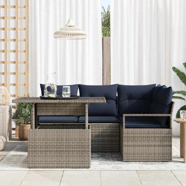 Garten-Sofa-Set 5 pcs Grau und Marineblau Poly-Rattan