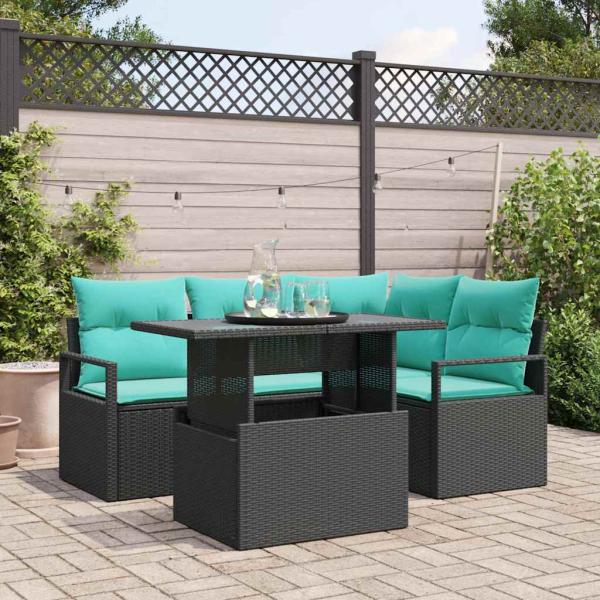 ARDEBO.de - Garten-Sofa-Set mit Kissen 5 pcs Schwarz und Blau Poly-Rattan