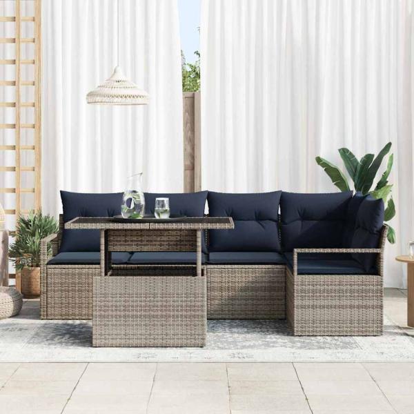 Gartensofa-set mit Kissen 6 pcs Grau und Marineblau Poly-Rattan