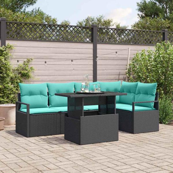 ARDEBO.de - Garten-Sofa-Set mit Kissen 6 pcs Schwarz und Blau Poly-Rattan