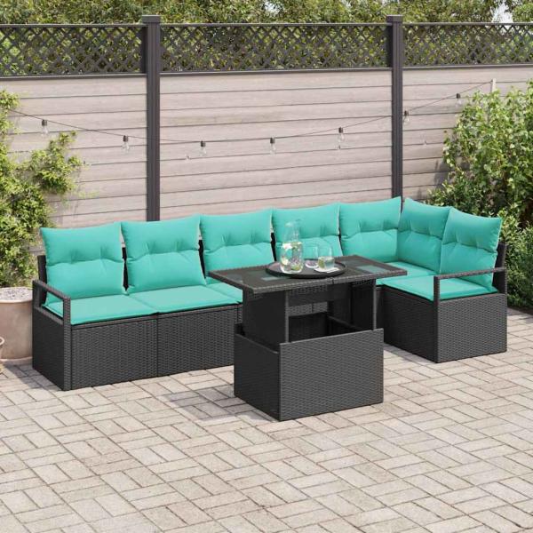 ARDEBO.de - Gartensofa-set mit Speicher 7 pcs Schwarz und Blau Poly-Rattan