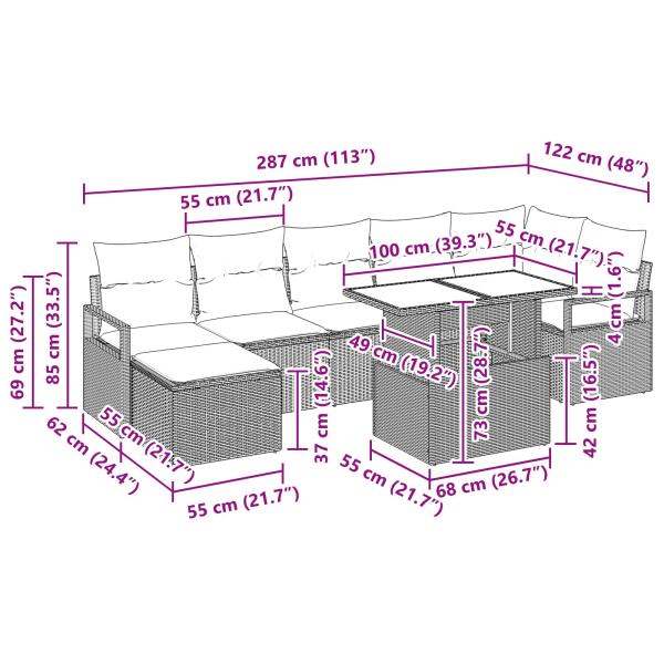 Garten-Sofa-Set mit Kissen 8 pcs Braun und Rot Poly-Rattan