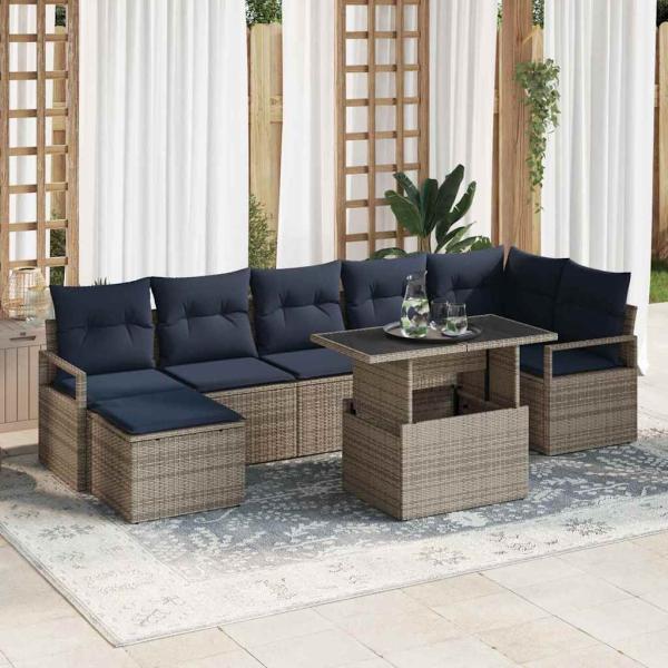 ARDEBO.de - Gartensofa-set 8 pcs Grau und Marineblau Poly-Rattan