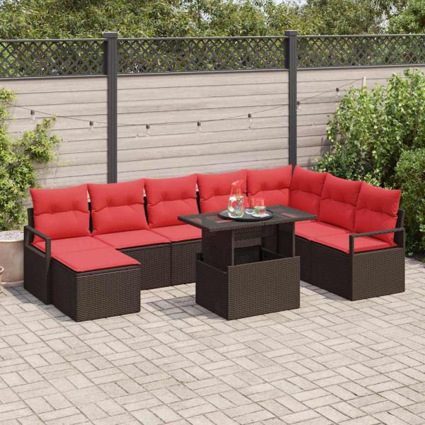 ARDEBO.de - Garten-Sofa-Set mit Kissen 9 pcs Braun und Rot Poly-Rattan