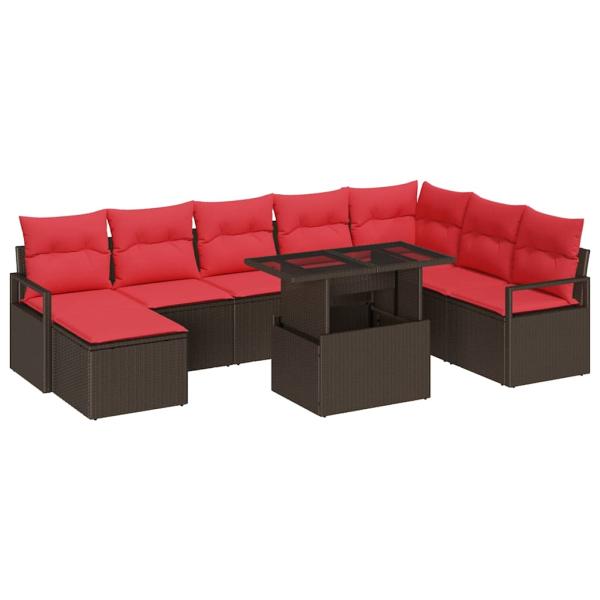 Garten-Sofa-Set mit Kissen 9 pcs Braun und Rot Poly-Rattan