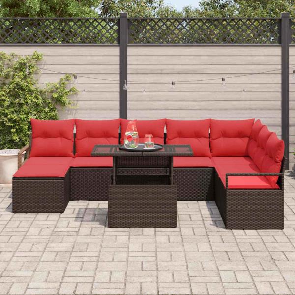 Garten-Sofa-Set mit Kissen 9 pcs Braun und Rot Poly-Rattan