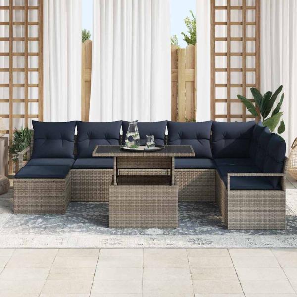 Garten-Sofa-Set mit Kissen 9 pcs Grau und Marineblau