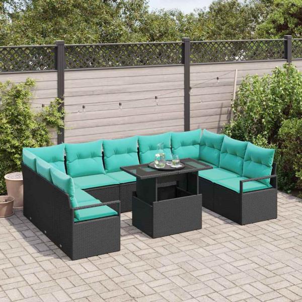 Gartensofa-set mit Speicher 10 pcs Schwarz und Blau Poly Rattan