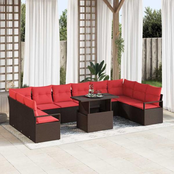 ARDEBO.de - Gartensofa-set 11 Stk. 10-Sitzanzahl Braun und Rot Poly-Rattan