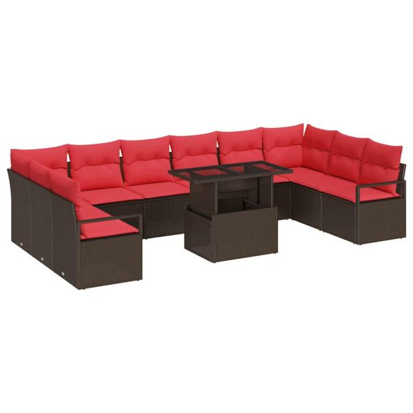 Gartensofa-set 11 Stk. 10-Sitzanzahl Braun und Rot Poly-Rattan
