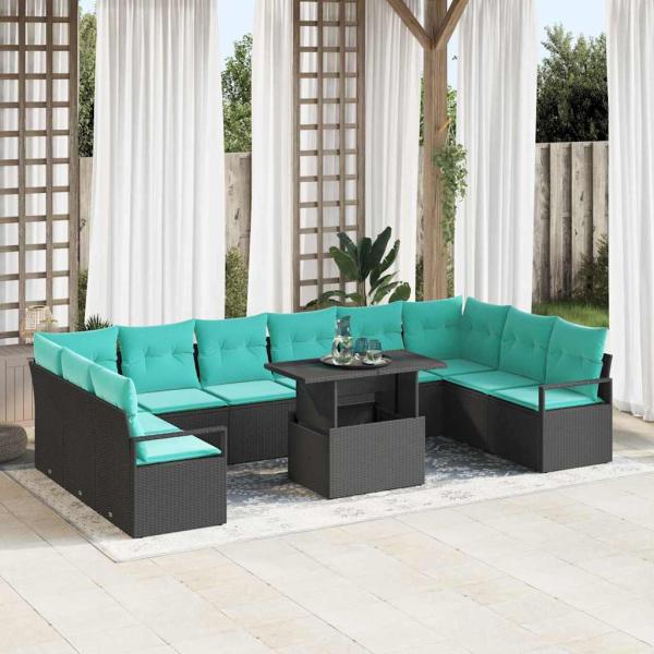 ARDEBO.de - Garten-Sofa-Set mit Kissen 11 pcs Schwarz und Blau Poly-Rattan