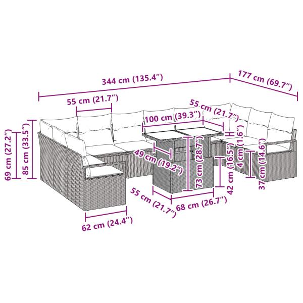 Garten-Sofa-Set mit Kissen 11 pcs Schwarz und Blau Poly-Rattan