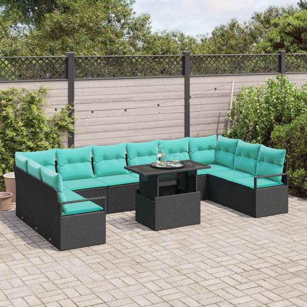 Garten-Sofa-Set mit Kissen 11 pcs Schwarz und Blau Poly-Rattan