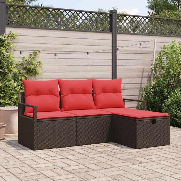 ARDEBO.de - Sofa Set mit Kissen 4 pcs Braun und Rot Poly-Rattan
