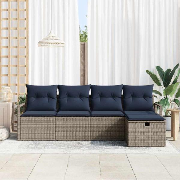 Sofa Set 5 stk. 5-Sitzanzahl Grau und Marineblau Poly-Rattan