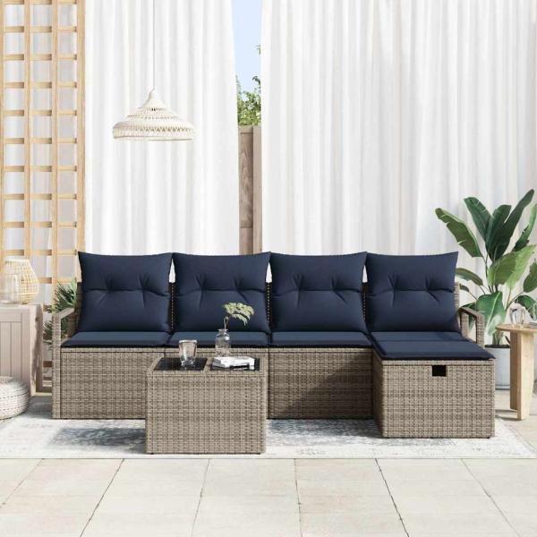 Sofa Set 6 Stk. Grau und Marineblau Poly-Rattan