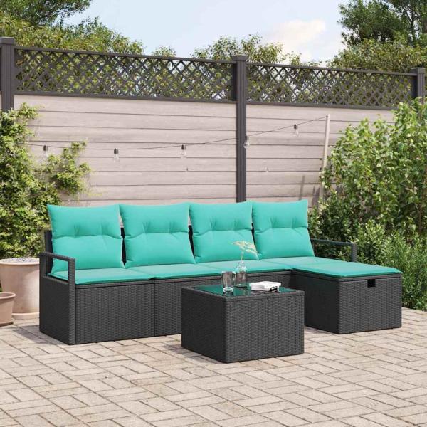 ARDEBO.de - Sofa Set 6 Stk. 5-Sitzanzahl Schwarz und Türkis Poly-Rattan