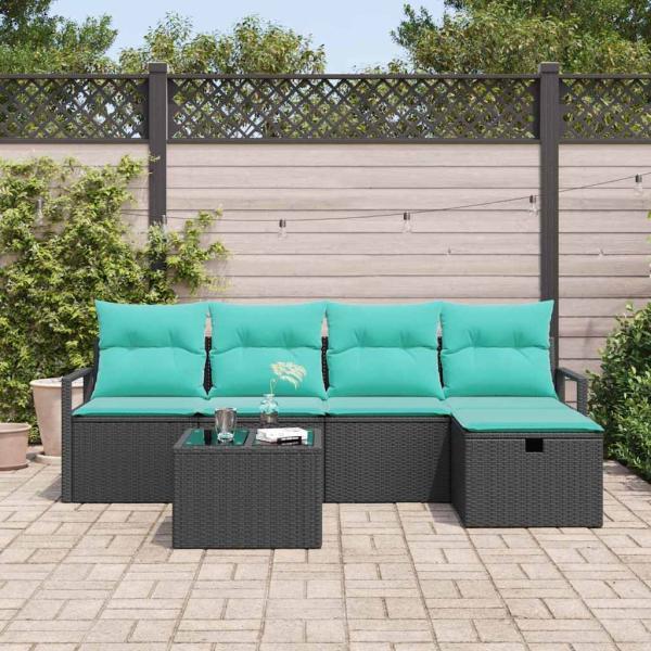 Sofa Set 6 Stk. 5-Sitzanzahl Schwarz und Türkis Poly-Rattan