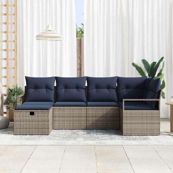 Sofa Set mit Kissen Grau und Marineblau Poly-Rattan