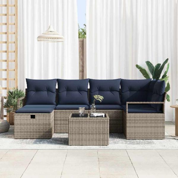 Sofa Set 7 Stk. Grau und Marineblau Poly-Rattan