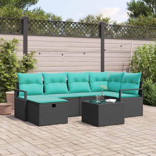 ARDEBO.de - Sofa Set 7 Stk. 6-Sitzanzahl Schwarz und Türkis Poly-Rattan