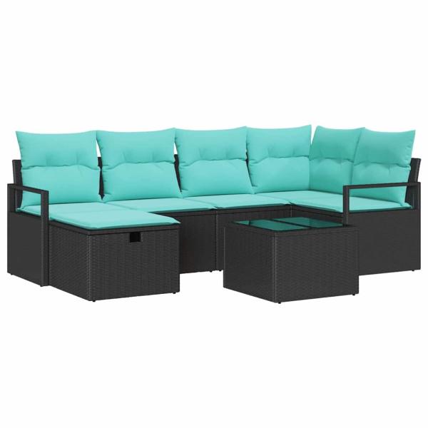 Sofa Set 7 Stk. 6-Sitzanzahl Schwarz und Türkis Poly-Rattan