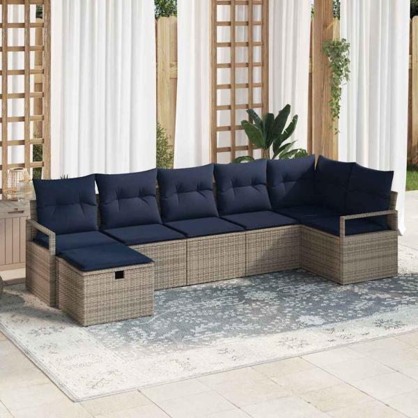 ARDEBO.de - Sofa Set 7 stk. 7-Sitzanzahl Grau und Marineblau Poly-Rattan