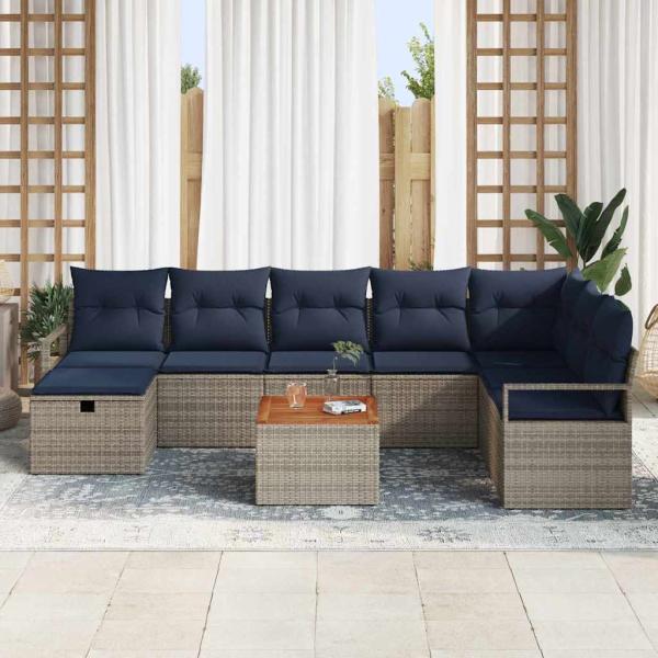 Gartensofa-set mit Kissen mit Speicher 9 pcs Grau Poly-Rattan