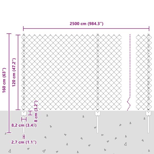 Zaun mit Pfosten Silber 1,2 x 25 m Stahl