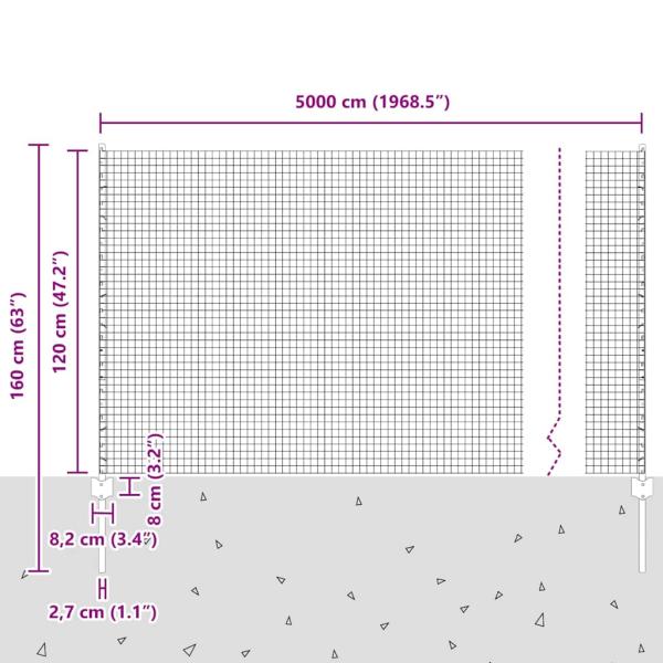 Zaun mit Pfosten Silber 1,2 x 50 m Stahl