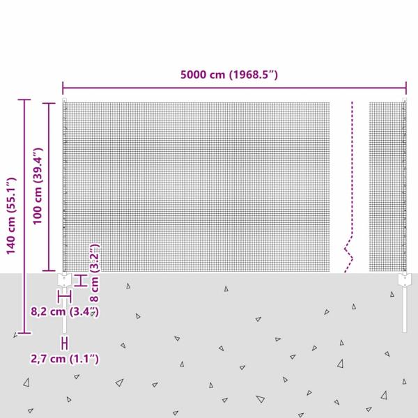 Zaun mit Pfosten Grau 1 x 50 m Stahl und PVC