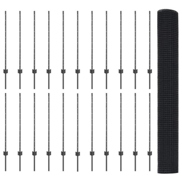 Zaun mit Pfosten Grau 1 x 50 m Stahl und PVC