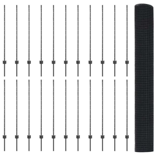 Zaun mit Pfosten Grau 1,2 x 50 m Stahl und PVC
