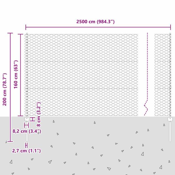 Zaun mit Pfosten Grau 1.6 x 25 m Stahl und PVC