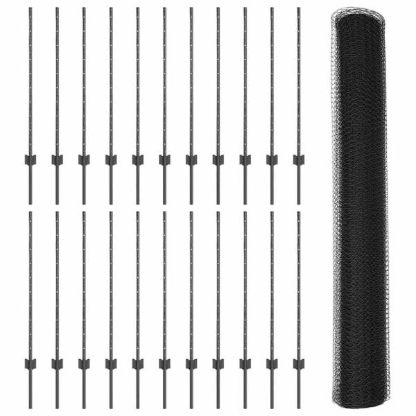 Zaun mit Pfosten Grau 1 x 50 m Stahl und PVC