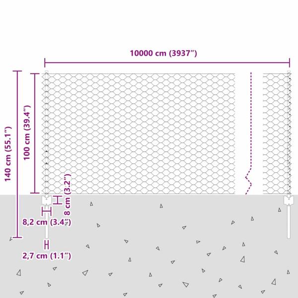 Zaun mit Pfosten Grau 1 x 100 m Stahl und PVC