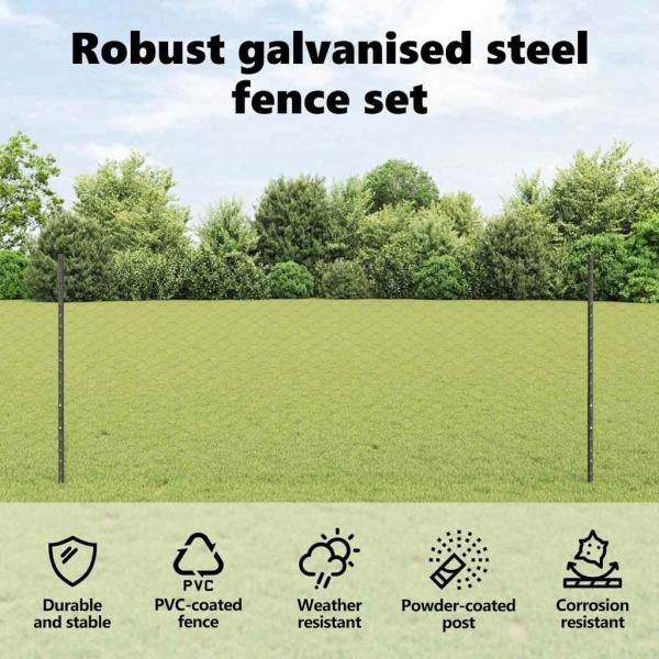 Zaun mit Pfosten Grau 1 x 100 m Stahl und PVC