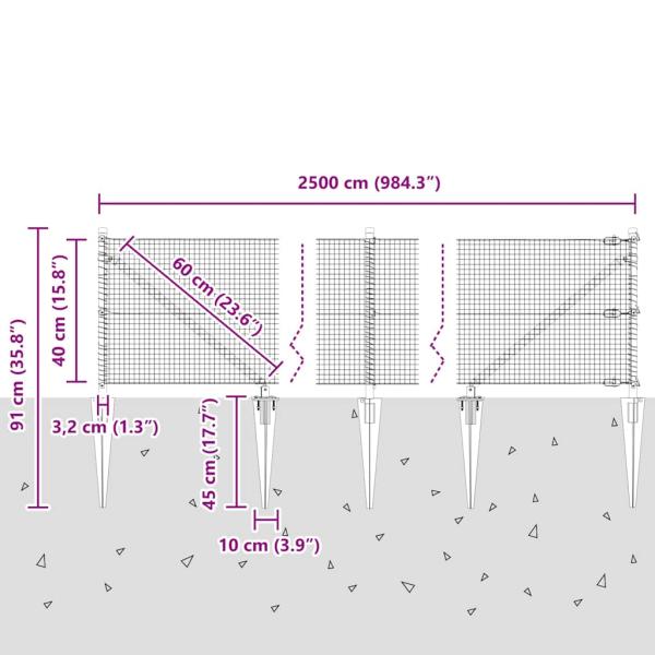 Zaunpfosten Grau 25 x 0,4 m (19 x 19 mm Masche) Stahl und PVC