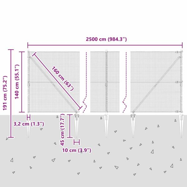 Zaunpfosten Grau 25 x 1,4 m (19 x 19 mm Netz) Stahl und PVC