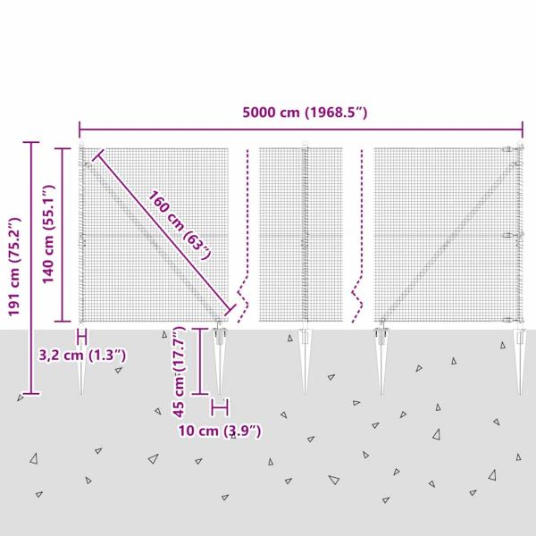 Zaunpfosten Grau 50 x 1,4 m (Masche 19 x 19 mm) Stahl und PVC