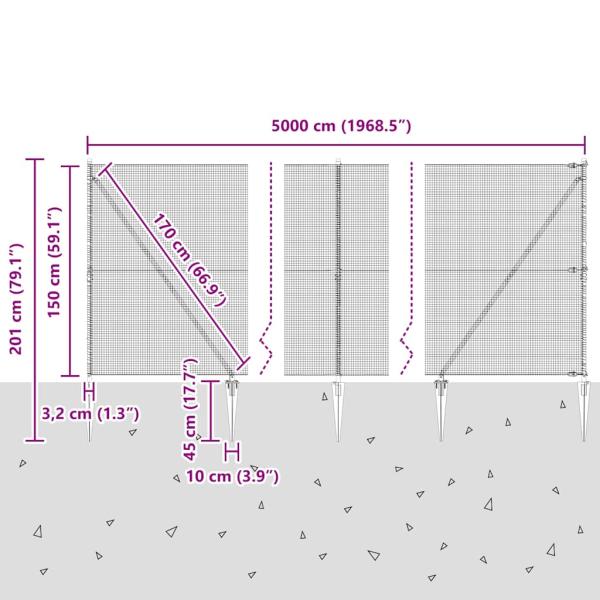 Zaunpfosten Grau 50 x 1,5 m (16 x 16 mm Maschen) Stahl und PVC